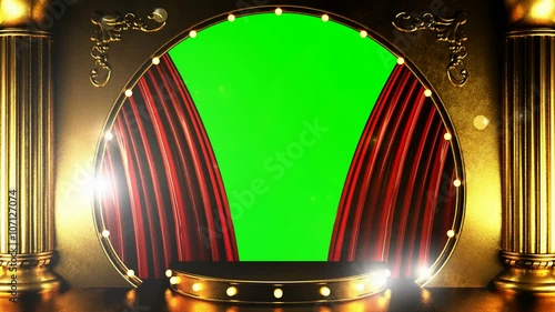 opening red curtain stage with golden podium and lights