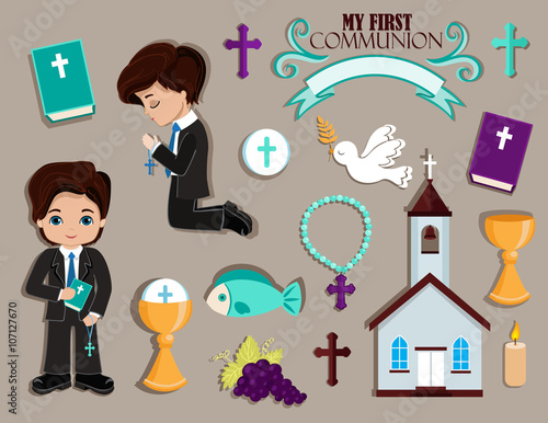 Set of design elements for First Communion for girls.