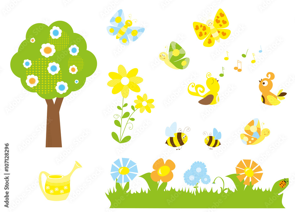 set of cute cartoon nature objects : flowers, singing birds, flying, butterflies, bees, blooming tree / joyful collection of spring vectors for children set of cute cartoon nature objects : flowers, singing birds, flying, butterflies, bees, blooming tree / joyful collection of spring vectors for children