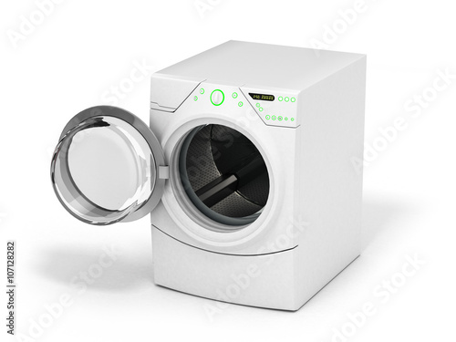 Isolated washing machine with opened door on a white background.