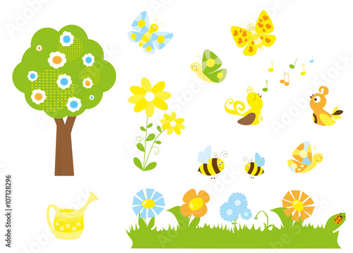 set of cute cartoon nature objects   flowers  singing birds  flying  butterflies  bees  blooming tree   joyful collection of spring vectors for children