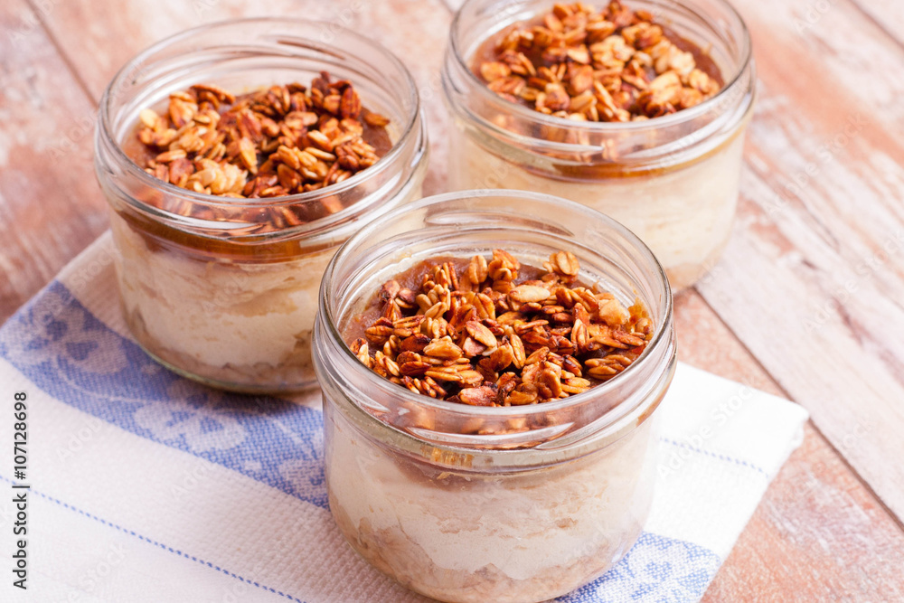 dessert with cream, granola and jam, closeup, horizontal dessert with cream, granola and jam, closeup, horizontal