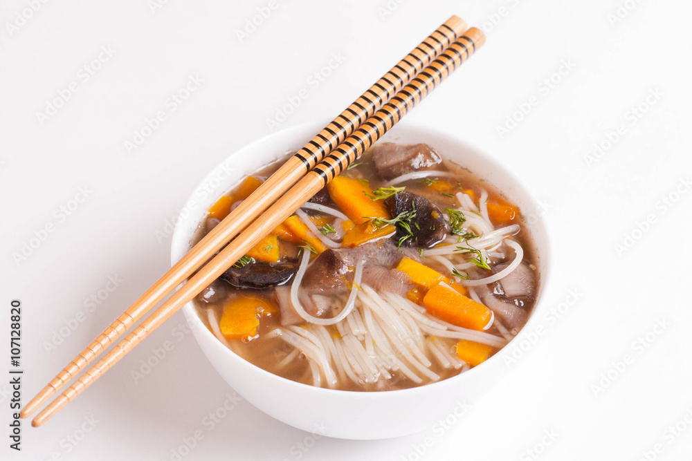 Vegetarian Rice noodle soup with mushrooms and pumpkin Vegetarian Rice noodle soup with mushrooms and pumpkin