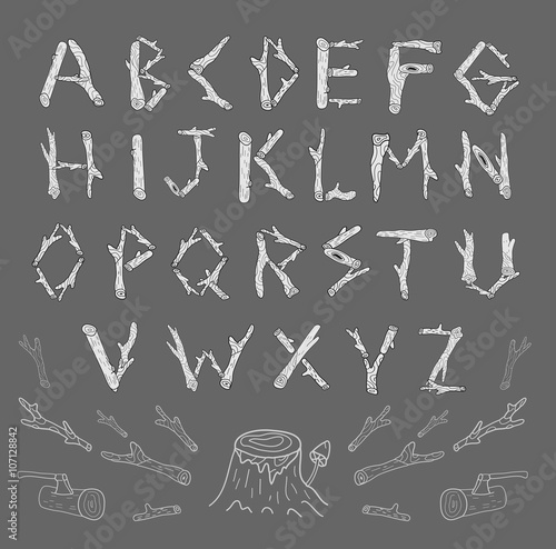 Wood alphabet made from logs. Isolated. Vector