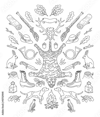 Hunting. Doodle. Vintage decor elements.