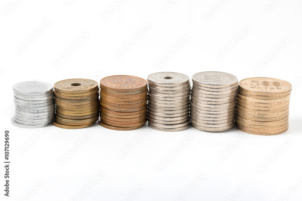 Pile of all coins japanese money on white background. Pile of all coins japanese money on white background.