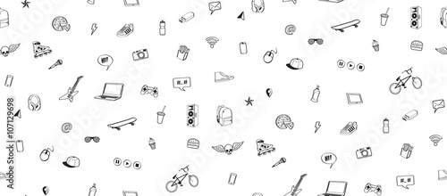 Seamless pattern. Doodles elements for  teenage boy. Monochrome hand drown icon set. 
