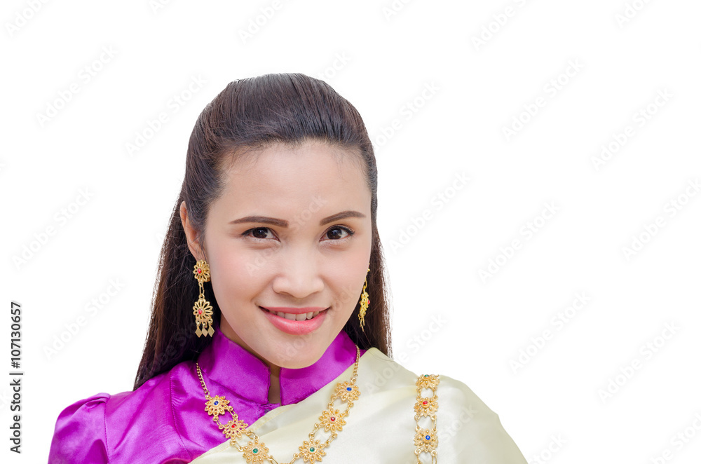 Beautiful woman in Thai traditional dress over white Beautiful woman in Thai traditional dress over white