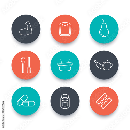 Diet, nutrition, supplements line round icons on white, diet pictograms, vector illustration