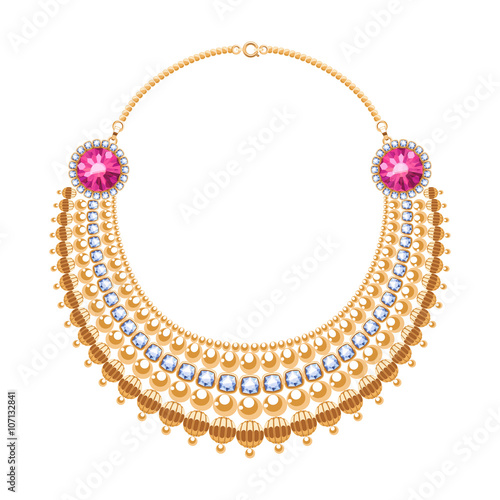 Many chains golden metallic necklace with diamonds and rubies.