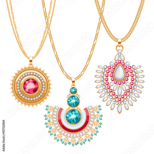 Set of golden chains with different pendants.
