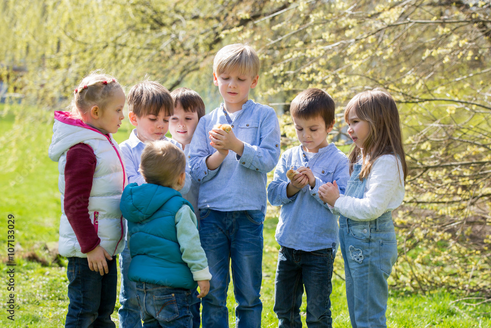 Group of preschool kids, friends and siblings, playing in the pa Group of preschool kids, friends and siblings, playing in the pa
