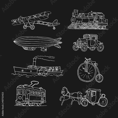 Retro transport. Old times. Airplane, locomotive, zeppelin, automobile, steamboat, bicycle, tram, diligence. Vector. Isolated on a white background. Doodles. Sketch.
