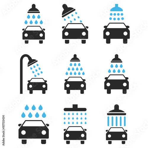 Car Shower vector icon set. Style is bicolor blue and gray flat symbols isolated on a white background.