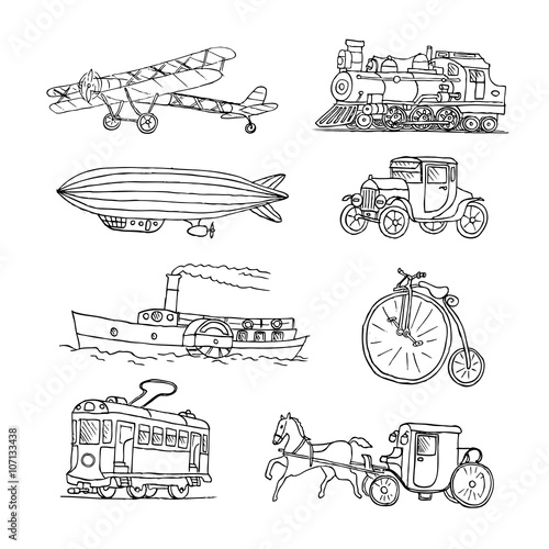 Retro transport. Old times. Airplane, locomotive, zeppelin, automobile, steamboat, bicycle, tram, diligence. Vector. Isolated on a white background. Doodles. Sketch.