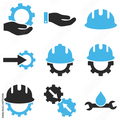 Development vector icon set. Style is bicolor blue and gray flat symbols isolated on a white background.
