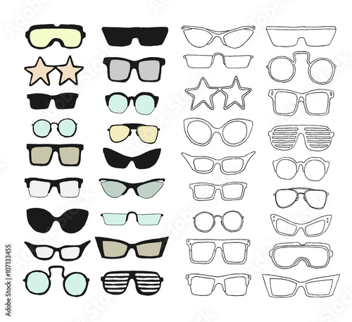 Set of sunglasses and glasses. Sketch. Vector illustration.