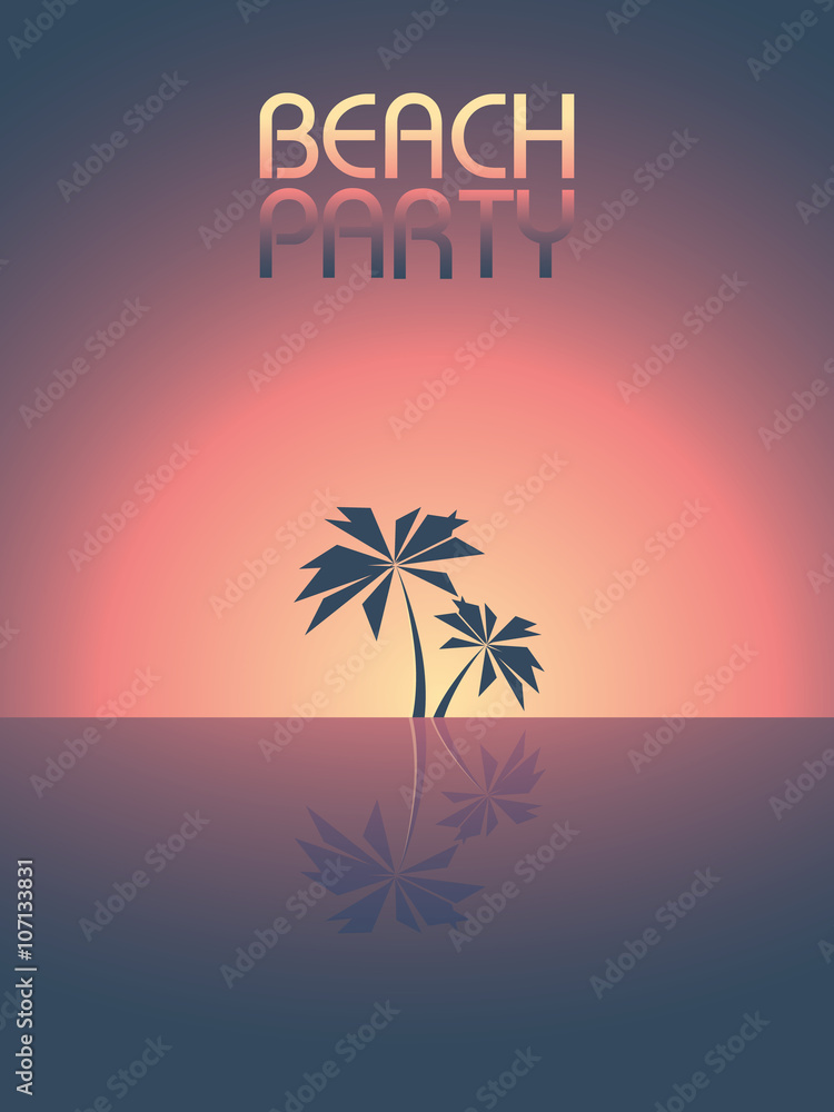 Beach party template background for promotional posters and flyers. Retro 80s style leaflet with palm trees in sunset.