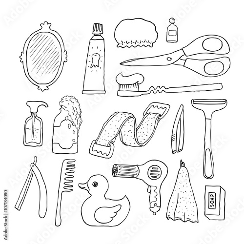 Bathroom. Cosmetics objects. Doodles. Isolated. Vector.