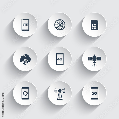wireless technology icons, 4g network pictogram, lte icon, mobile communication, connection signs, 4g, 5g mobile internet icons on round 3d shapes, vector illustration
