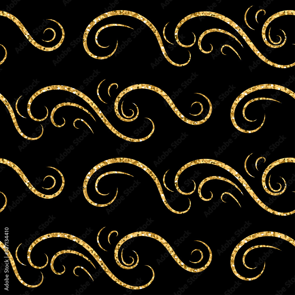 Gold wave seamless pattern. Draw Golden swirl glitter on black