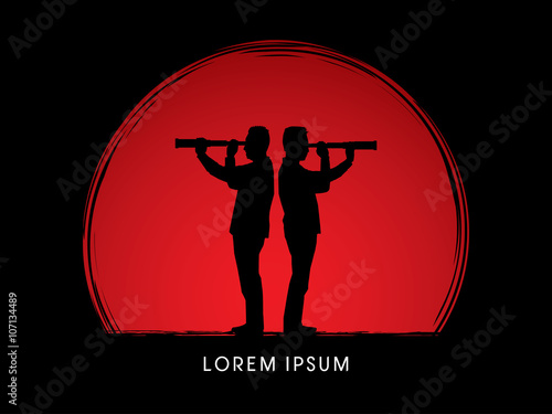 Silhouette businessman, looking telescope for planning marketing strategy ,on sunrise background graphic vector.
