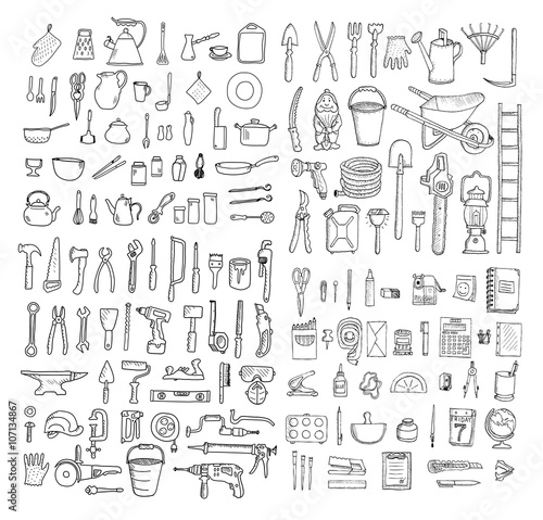 Big household objects set. Kitchenware. Set of stationery. Garden tools. Construction tool collection. Doodles. Isolated.