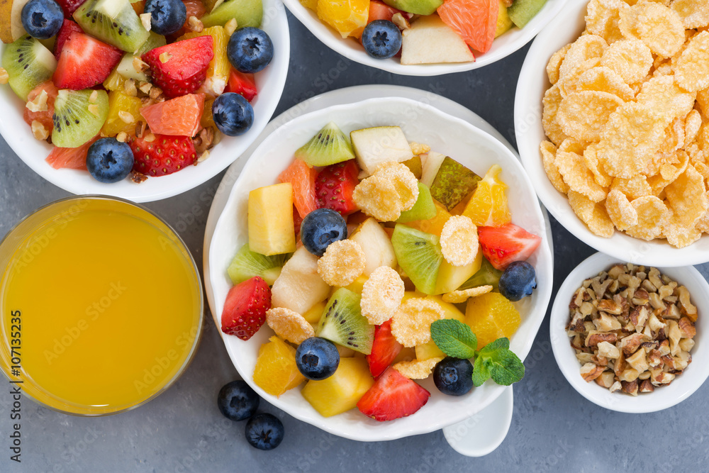healthy breakfast with fruit salad, top view healthy breakfast with fruit salad, top view