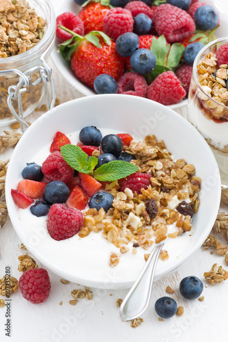 healthy breakfast with natural yogurt, muesli and fresh berries