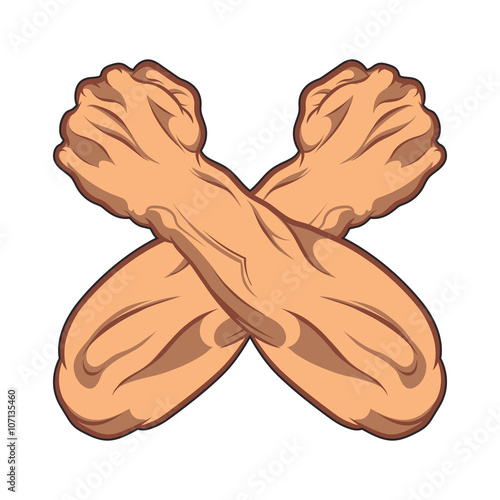 Two crossed hands clenched into a fist. black and white comic book illustration. gym icon.