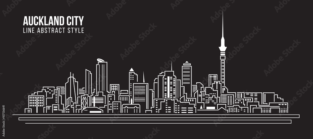 Naklejka premium Cityscape Budynek Grafika liniowa Projekt ilustracji wektorowych - miasto Auckland