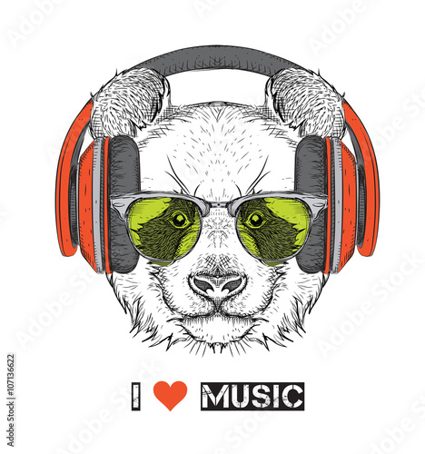 The image of the panda in the glasses, headphones and in hip-hop hat. Vector illustration.