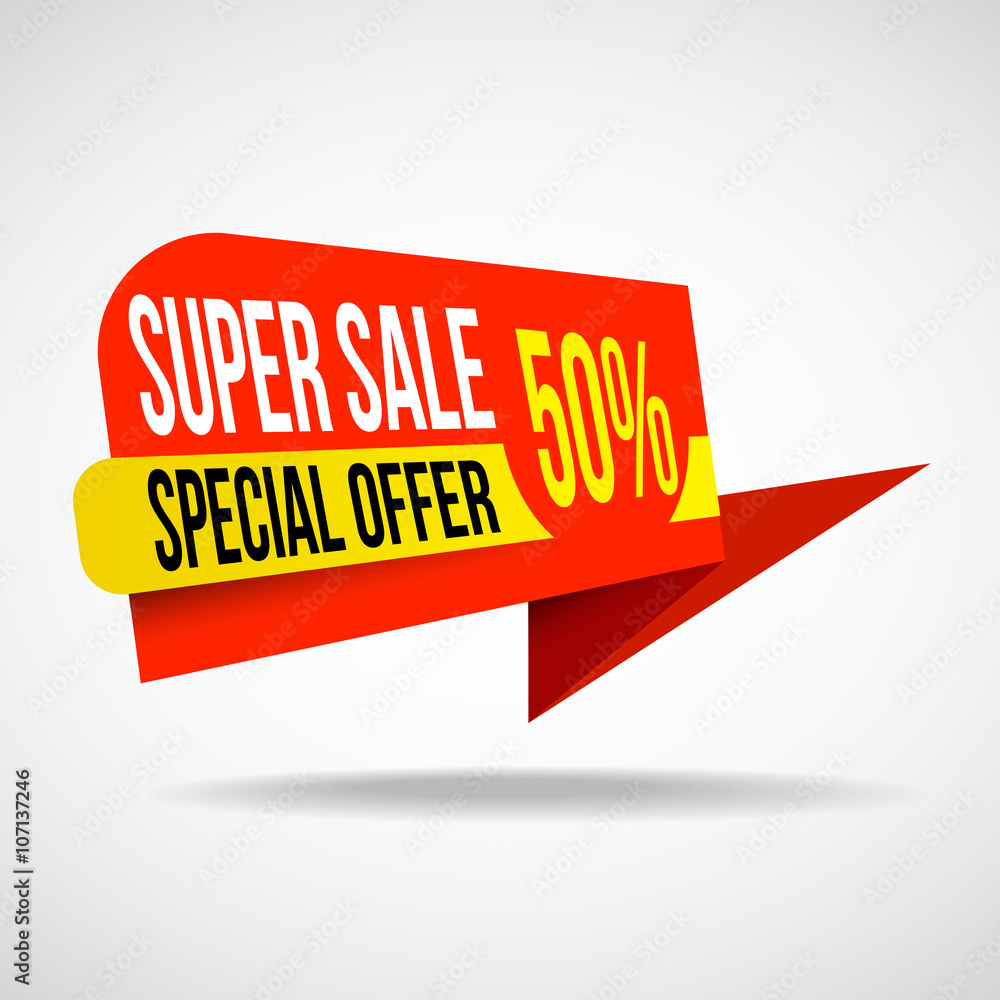 Red and yellow Super Sale paper banner background and special offer. 50% off. Vector illustration. Red and yellow Super Sale paper banner background and special offer. 50% off. Vector illustration.