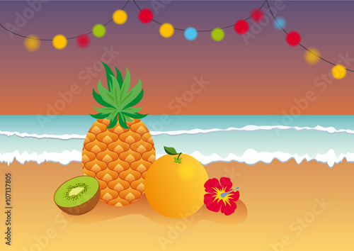 Fototapeta Naklejka Na Ścianę i Meble -  Tropical evening at the beach. Summer tropical fruit illustration. Vector illustration of summer paradise
