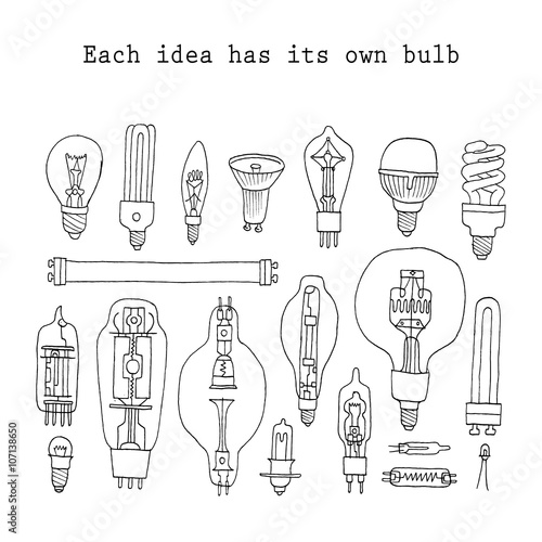 Different light bulb icon collection in doodle style. Isolated. Vector.