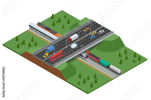 Railroad and bridge with traffic. Transport car, urban and asphalt, traffic. Isometric 3d vector illustration for infographics. 