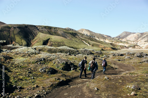 Icelandic landscape with tourists. Beautiful mountains and volca photo
