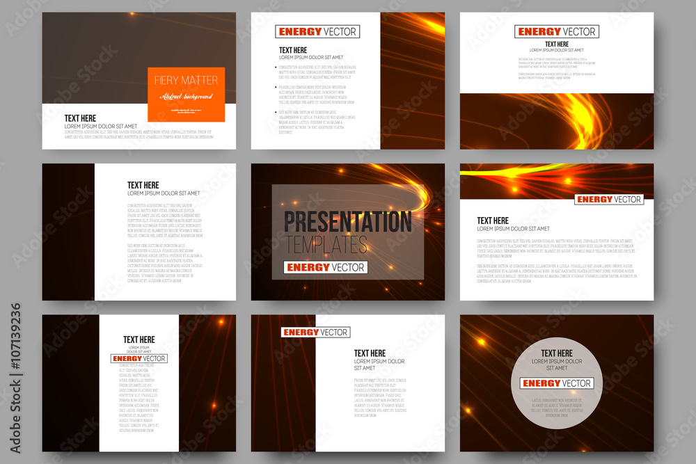 Set of 9 templates for presentation slides. Abstract lines background, dynamic glowing decoration, motion design, energy style vector illustration