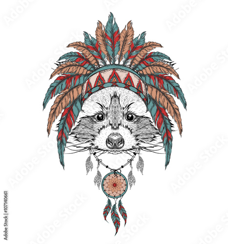 Raccoon in Indian roach. Indian feather headdress of eagle. Hand drawn vector illustration