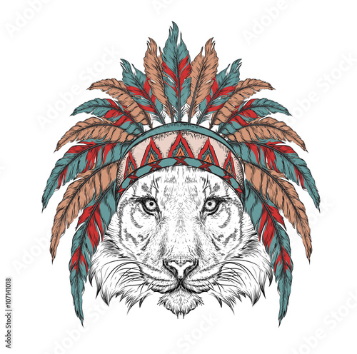 tiger in the Indian roach. Indian feather headdress of eagle. Hand draw vector illustration