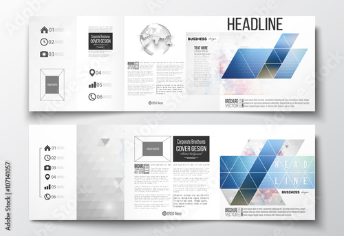 Vector set of tri-fold brochures, square design templates. Abstract colorful polygonal background with blurred image on it, modern stylish triangle vector texture. 