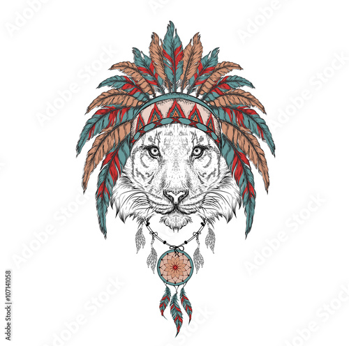 tiger in the Indian roach. Indian feather headdress of eagle. Hand draw vector illustration