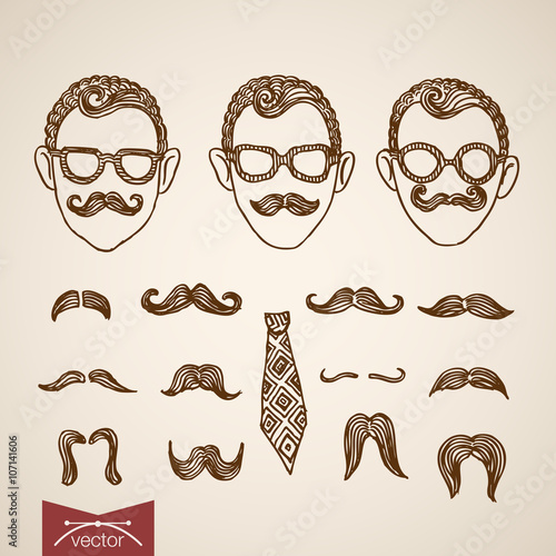 Hipster style faces mustache constructor engraving vector retro