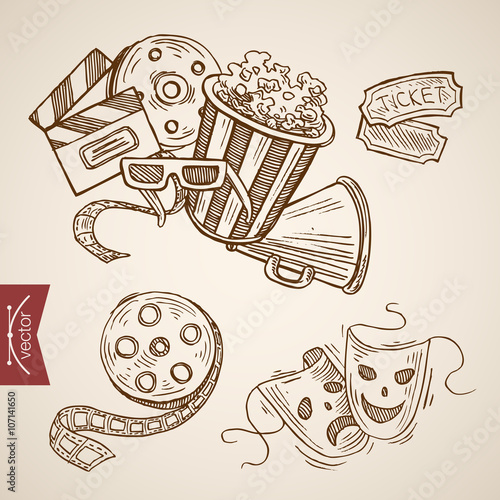 Cinema theater show drama ticket popcorn lineart vector retro