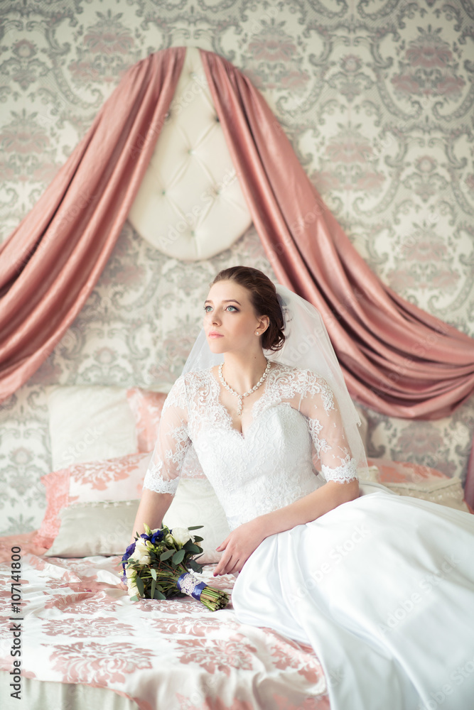 Portrait of beautiful bride. Wedding dress. Wedding decoration Portrait of beautiful bride. Wedding dress. Wedding decoration