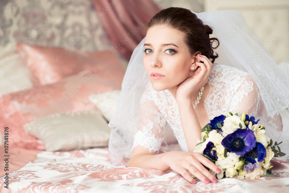 Portrait of beautiful bride. Wedding dress. Wedding decoration Portrait of beautiful bride. Wedding dress. Wedding decoration