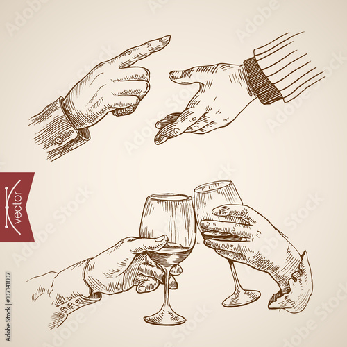 Male outstretched extended hand clink engraving vintage vector