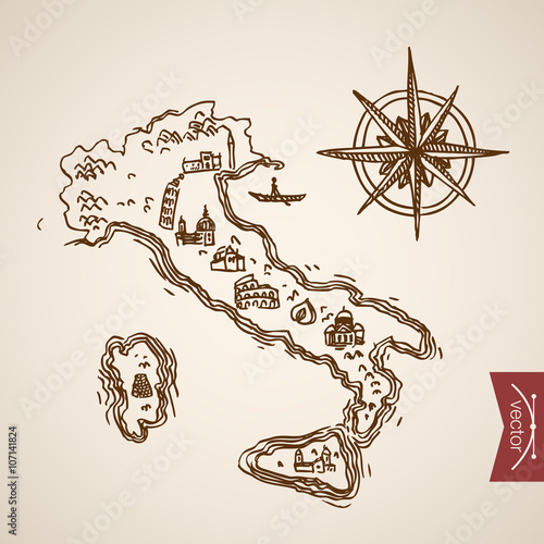 Italy peninsula Sardinia island engraving lineart vintage vector