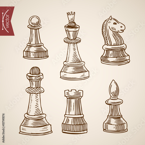 Chess piece figure king queen engraving lineart vintage vector