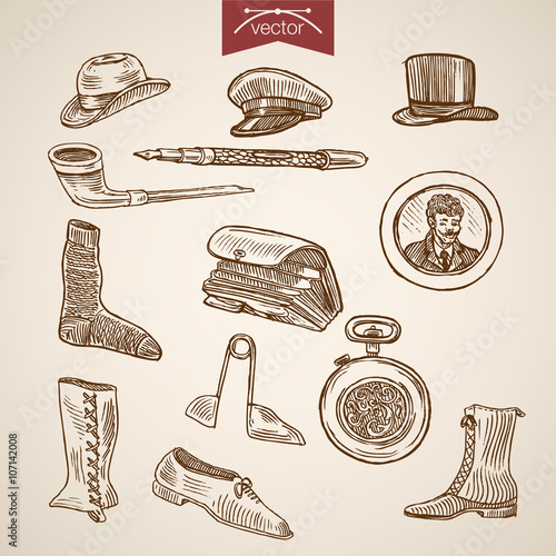 Victorian clothes hat socks boots clock engraving vintage vector